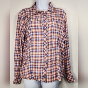 Ariat Women's Plaid‎ Western Shirt L Blue Orange Embroidered Snap